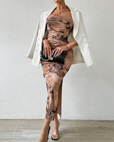 Mesh Floral Pleated Sexy Tight Split Strapless Tube-length Dress